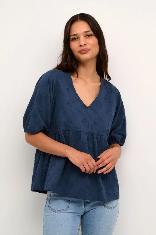 BLUE ELBOW SLEEVE COTTON BLOUSEBamboo Shirts