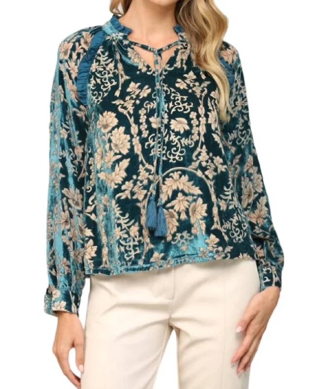 Ruffle Velvet Blouse In Blue MultiCamping Shirts