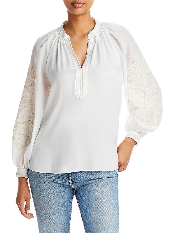 Womens Embroidered Split Neck BlouseLongline Shirts