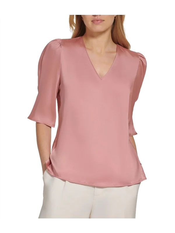 Womens Satin Elbow Sleeves BlouseFitted Shirts