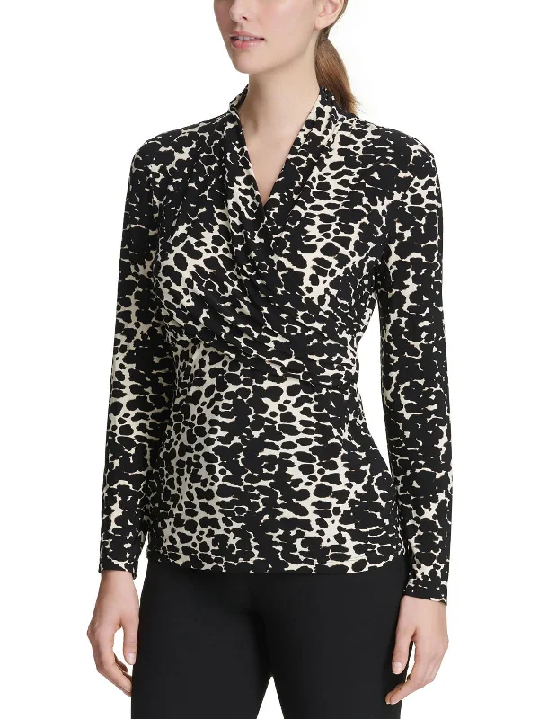 Petites Womens Surplice Animal Print BlouseStriped Shirts