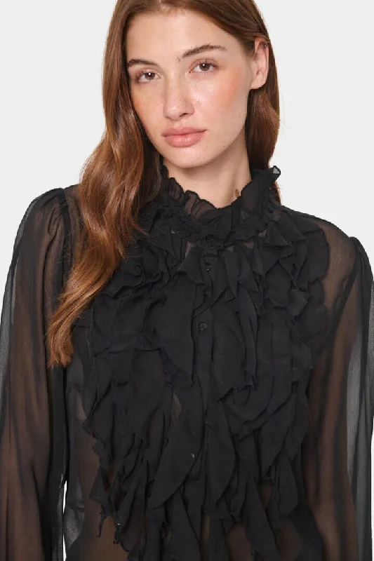 BLACK SHEER FRONT RUFFLE DETAIL  BLOUSEPrinted Shirts