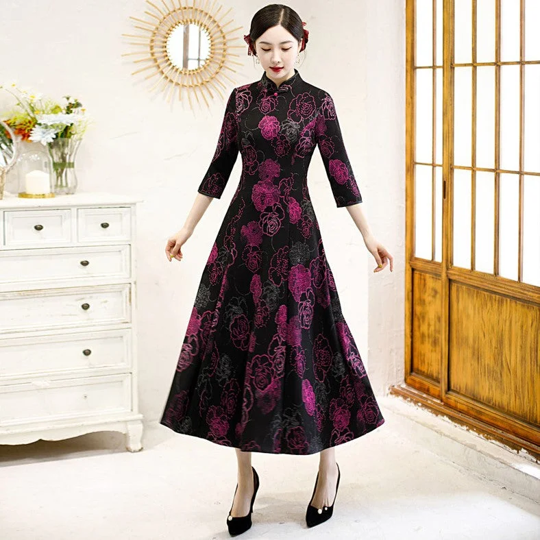 Scoop Neck Knit Tops3/4 Sleeve Cheongsam Top Floral Knit Dress with Expansion Skirt