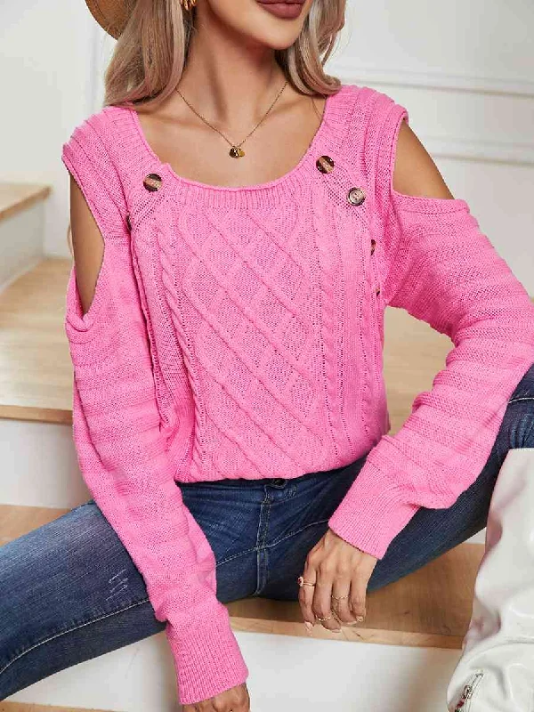 College Knit TopsDecorative Button Cold-Shoulder Sweater