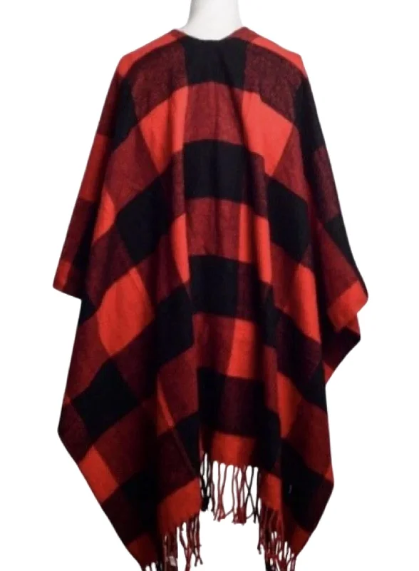 Ribbed Cuff Knit TopsBuffalo Check Tassel Poncho In Red/black