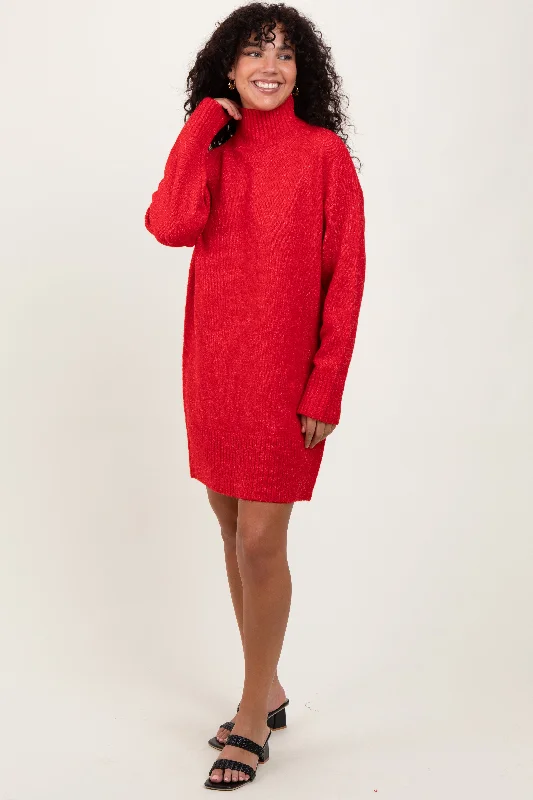 Skateboard Knit TopsRed Chunky Knit Turtleneck Mini Sweater Dress