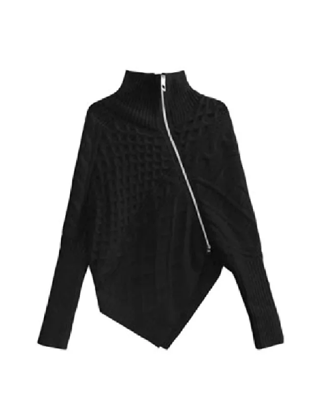 Layered Knit TopsOversized Tunic Zipper Sweater In Black