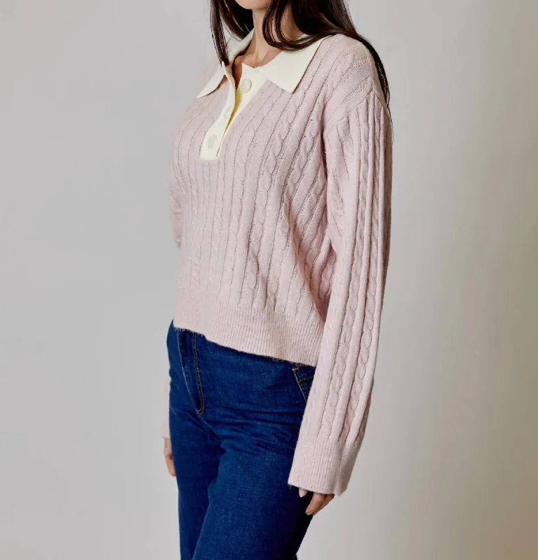 Ruffled Knit TopsButton Collar Cable Knit Sweater In Pink/ivory