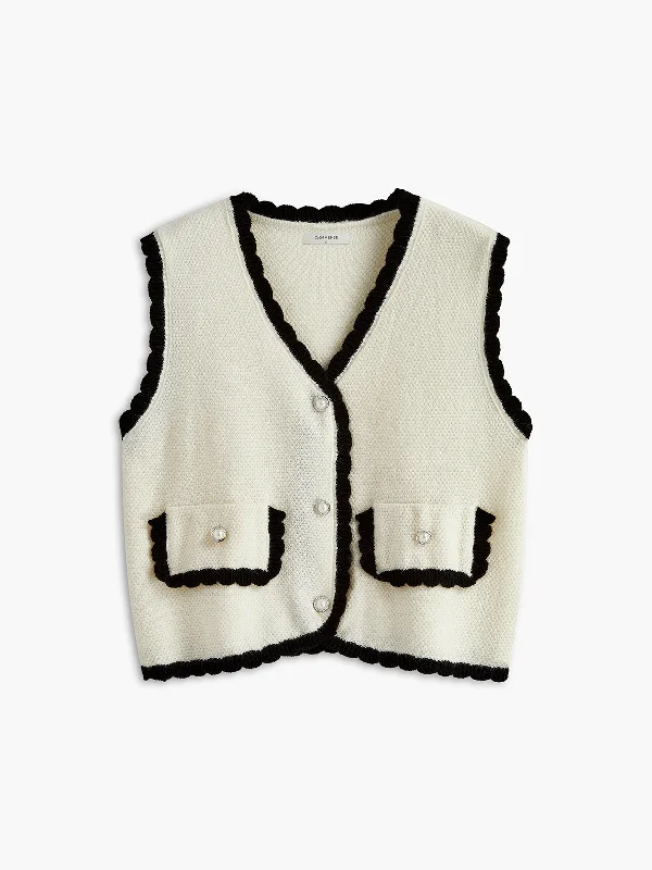 Contrast Wave Trim Breasted Sweater Vest