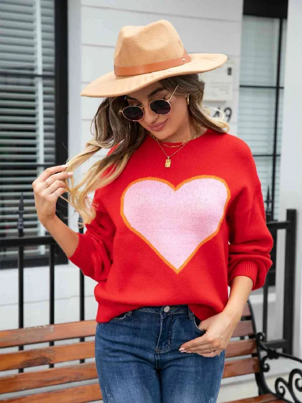 Sequined Knit TopsHeart Graphic Round Neck Sweater