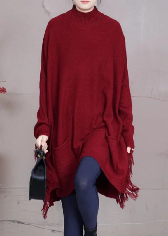 Summer Knit TopsLoose Red Tasseled Pockets Knit Sweater Dress Spring