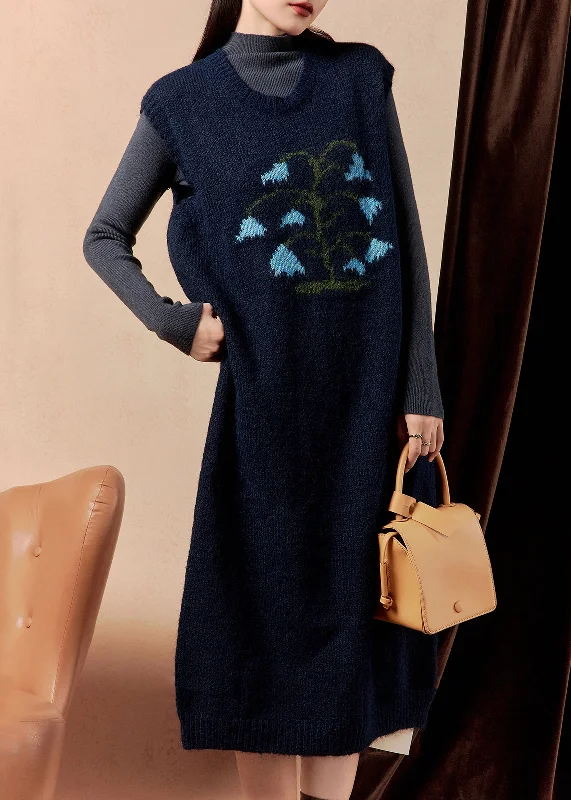 Boat Neck Knit TopsWomen Navy Embroidered Cozy Knit Dress Sleeveless