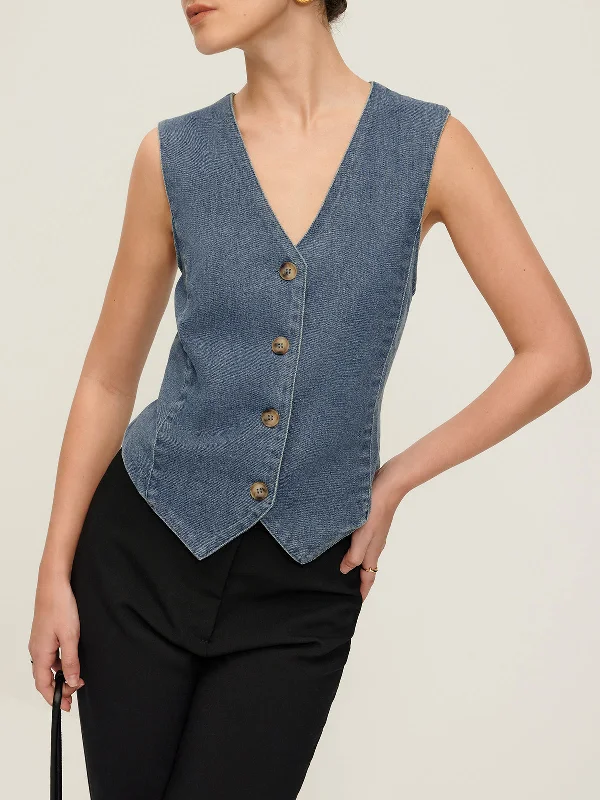 V-Neck Piping Button Denim Vest