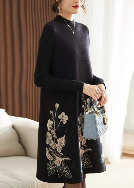 Fishing Knit TopsClassy Black O Neck Print Knit Long Sweater Dress Spring