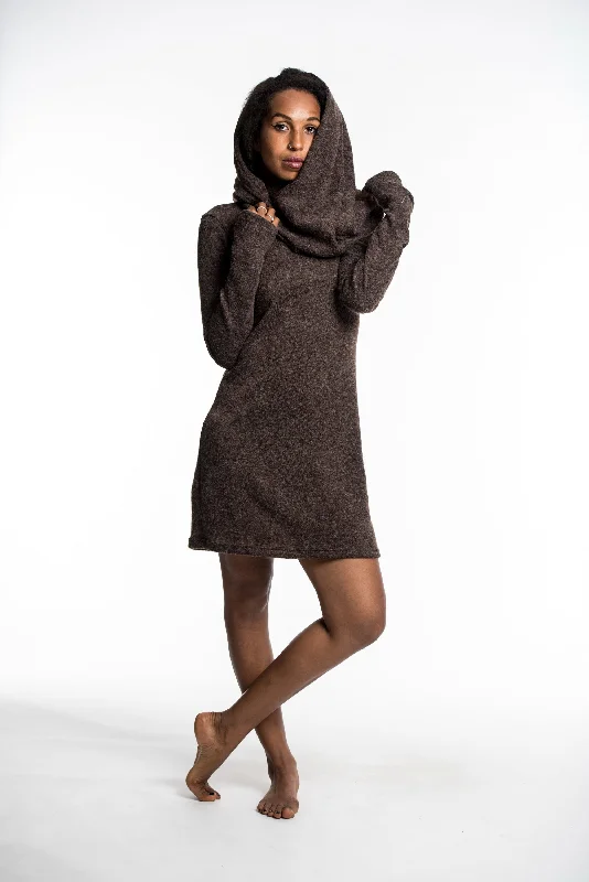 Hip-Hop Knit TopsShawl Hoodie Combo Sweater Dress in Brown