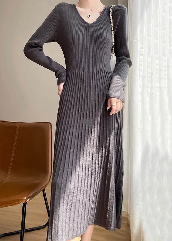 Yoga Knit TopsNew Dark Gray V Neck Wrinkled Knit Sweater Dress Spring