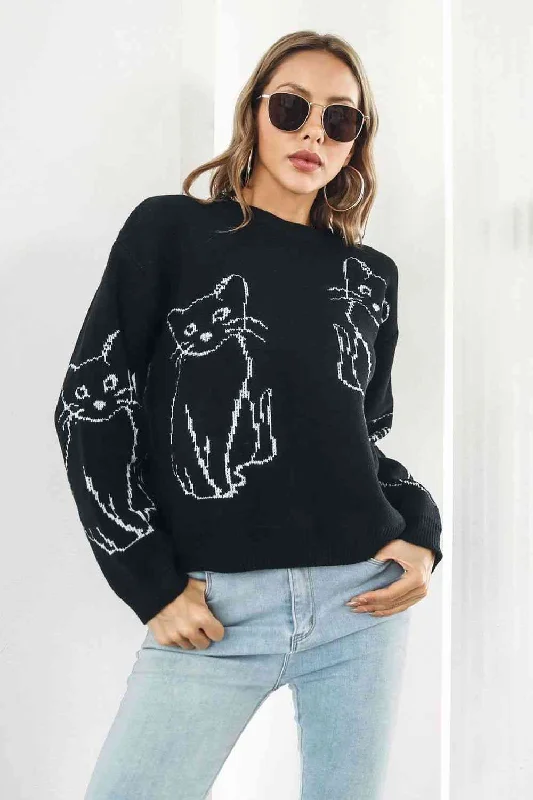 Camping Knit TopsCat Pattern Round Neck Long Sleeve Pullover Sweater