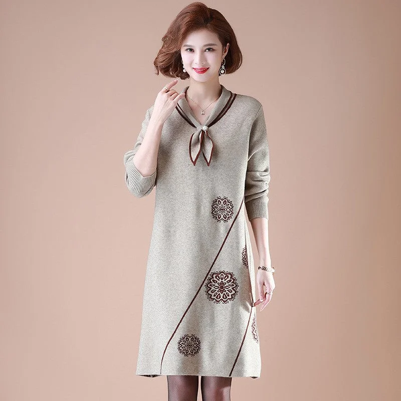 Sequined Knit TopsNeckerchief Collar Long Sleeve Knee Length A-line Floral Knit Dress