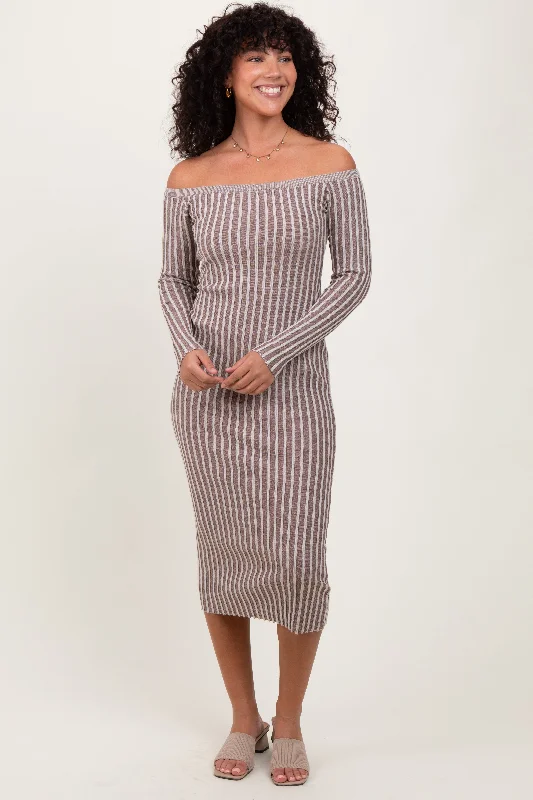 Luxury Knit TopsTaupe Striped Off Shoulder Midi Sweater Dress