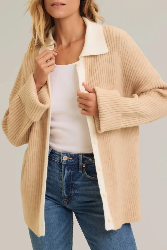 Collaborative Knit TopsColor Block Ribbed Knit Button Down Sweater In Beige