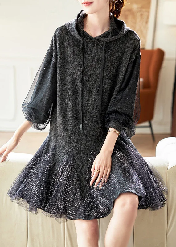 Ribbed Cuff Knit TopsStylish Dark Grey Hooded Tulle Patchwork Knit Dresses Spring