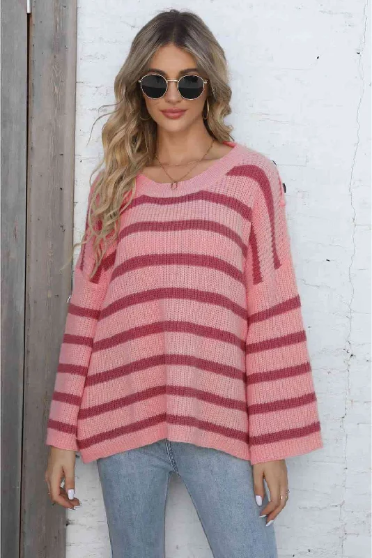 Fleece Knit TopsRound Neck Dropped Shoulder Striped Sweater