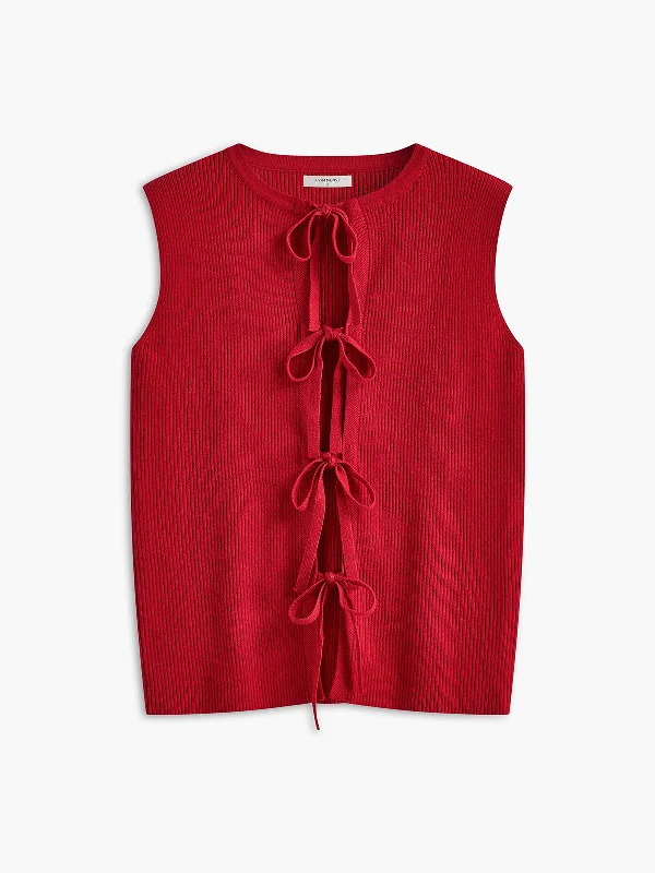 Ribbed Tie Neck Sweater Vest