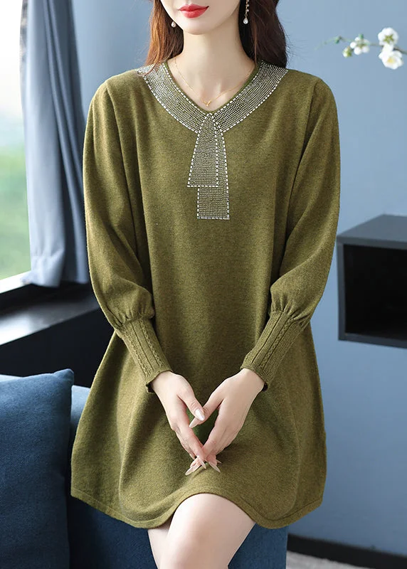 Zippered Knit TopsElegant Tea Green V Neck Zircon Woolen Sweater Dress Winter