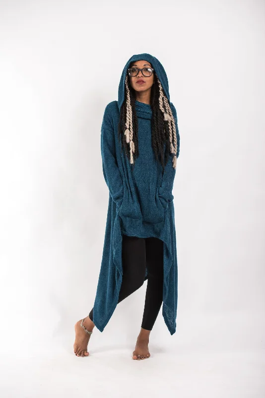 Athletic Knit TopsUltra Long Hooded Sweater in Blue