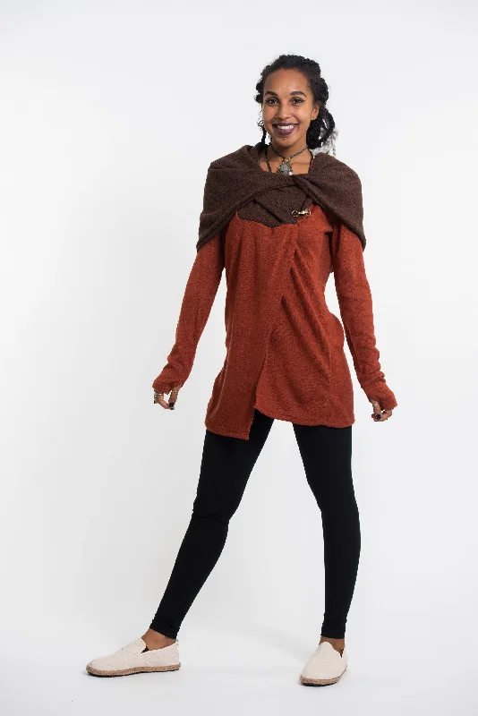 Asymmetrical Knit TopsHoodie Shawl Jacket with Metal Clasp in Brick