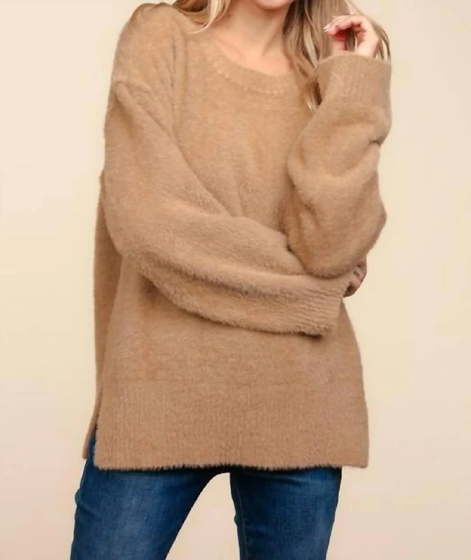 Embroidered Knit TopsFuzzy Round Neck Sweater In Taupe