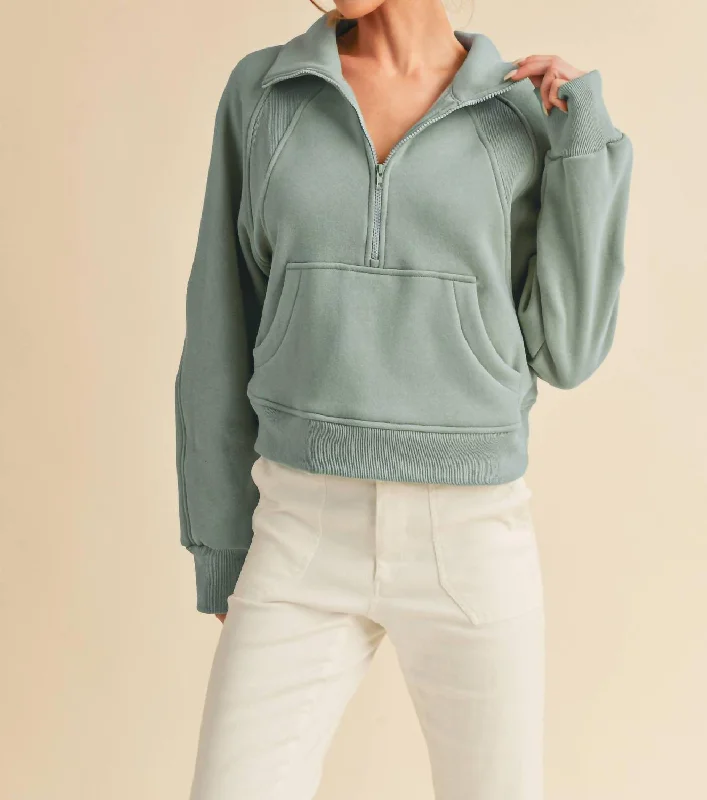 Glitter Knit TopsFunnel Neck Half Zip Sweater In Sage