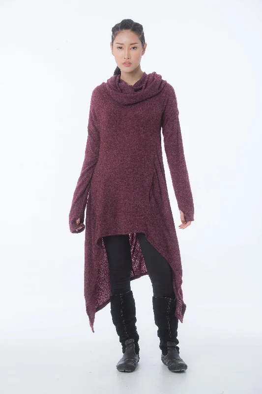 Work Knit TopsUltra Long Hooded Sweater in Maroon