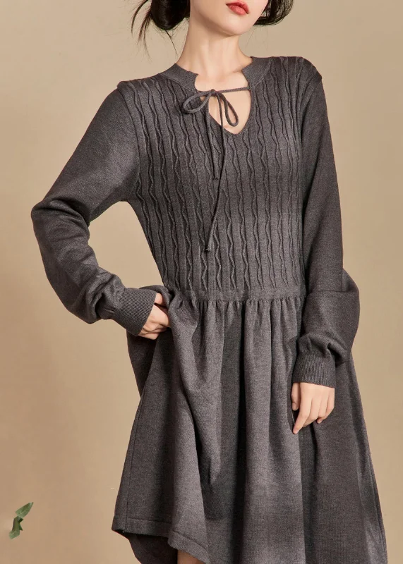 V-Neck Knit TopsElegant Grey Lace Up Solid Knit Dresses Spring