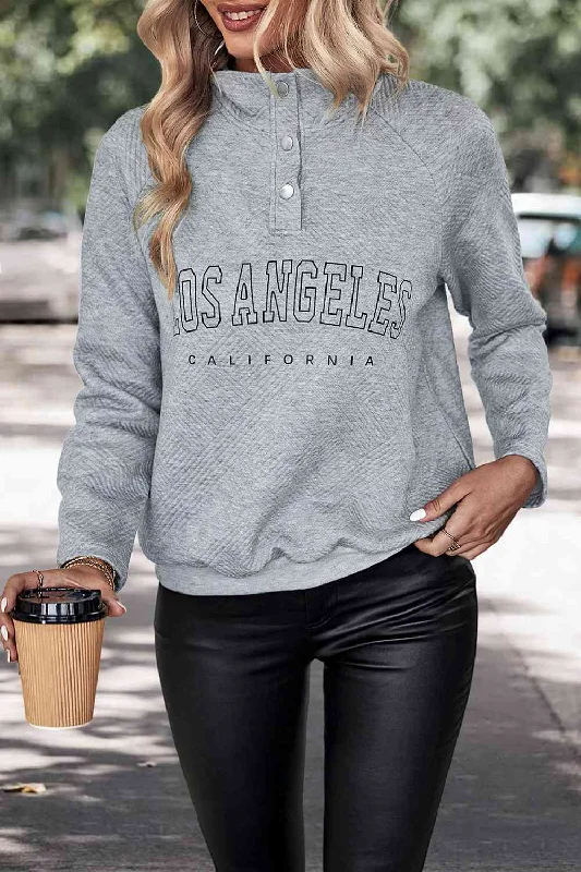 Cropped Knit TopsLOS ANGELES CALIFORNIA Graphic Quarter-Snap Sweatshirt