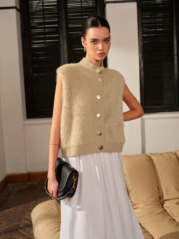 Mock Neck Button Fuzzy Vest