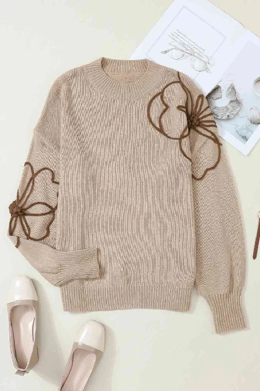 Boat Neck Knit TopsFloral Round Neck Drop Shoulder Sweater