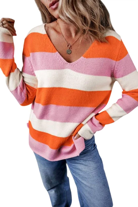 Cable Knit TopsV Neck Casual Sweater In Orange Stripe