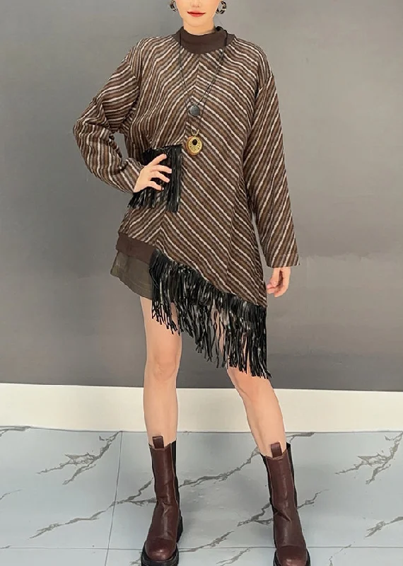 Statement Knit TopsBohemian Brown O-Neck Asymmetrical Tassel Wool Knit Long Sweater Dress Winter