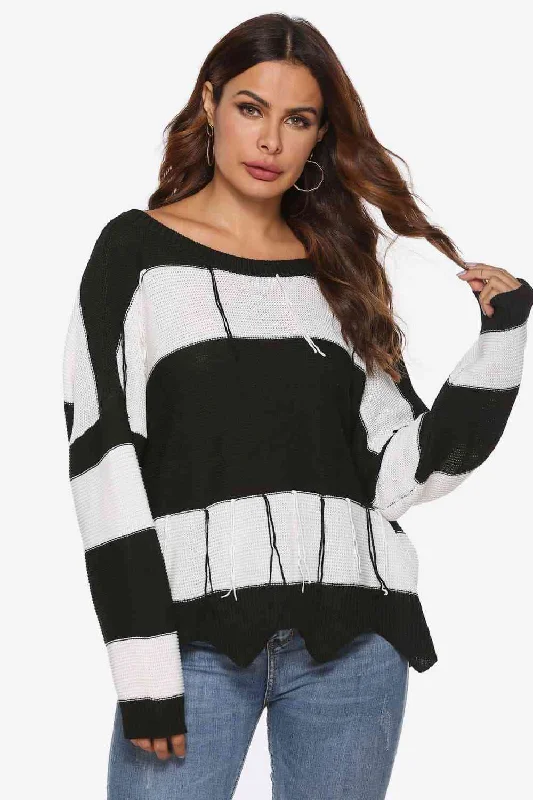 Bamboo Knit TopsColor Block Backless Long Sleeve Sweater