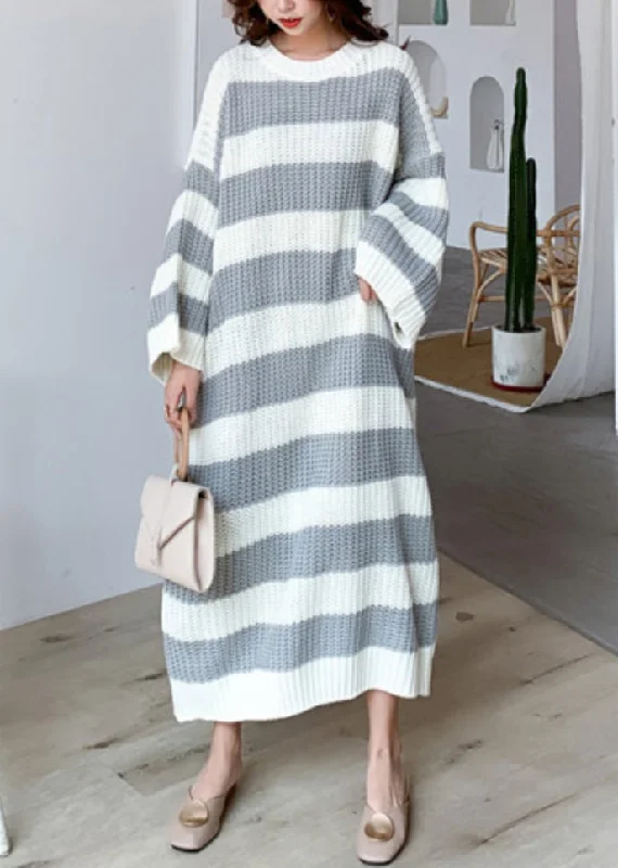 Performance Knit TopsGrey Hollow Out Patchwork Knit Dress O Neck Spring