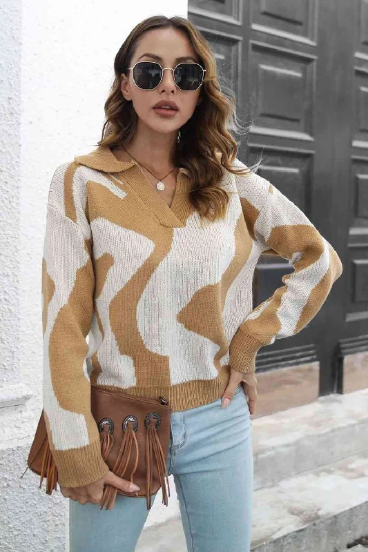 Outdoor Knit TopsTwo-Tone Johnny Collar Dropped Shoulder Pullover Sweater