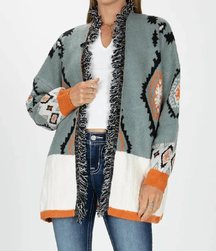 Studded Knit TopsOversized Aztec Cardi In Jade Green