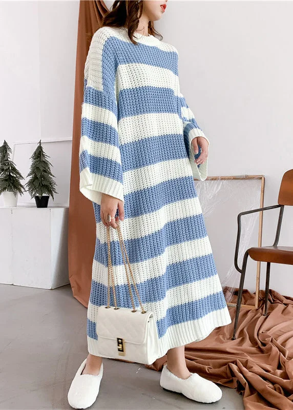 Work Knit TopsLoose Blue O Neck Striped Knit Sweater Dress Spring