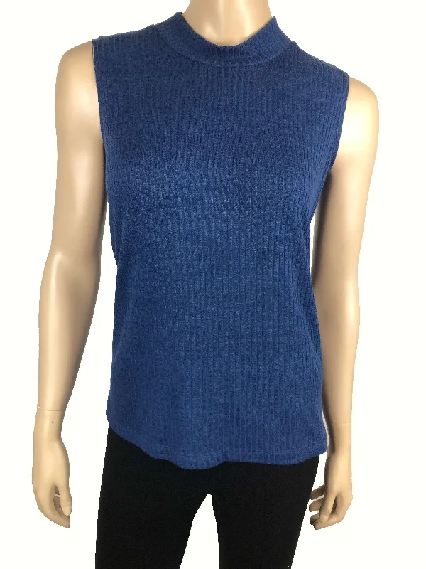 College Knit TopsWomen's mock Neck Sweater Blue Seeveless - Made In Canada