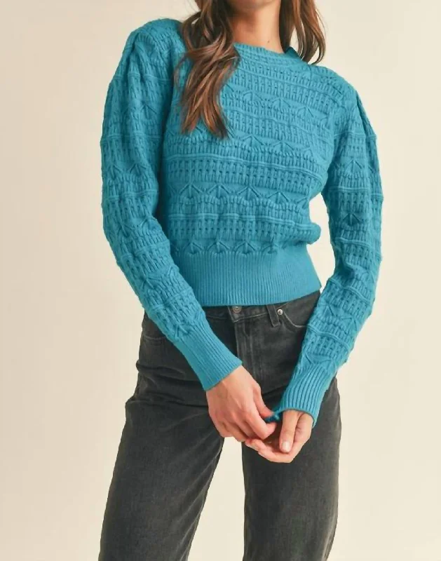 Zippered Knit TopsKnit Pointelle Sweater In Disco Blue