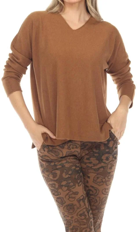 Bamboo Knit TopsSolid V-Neck Shimmer Sweater In Camel