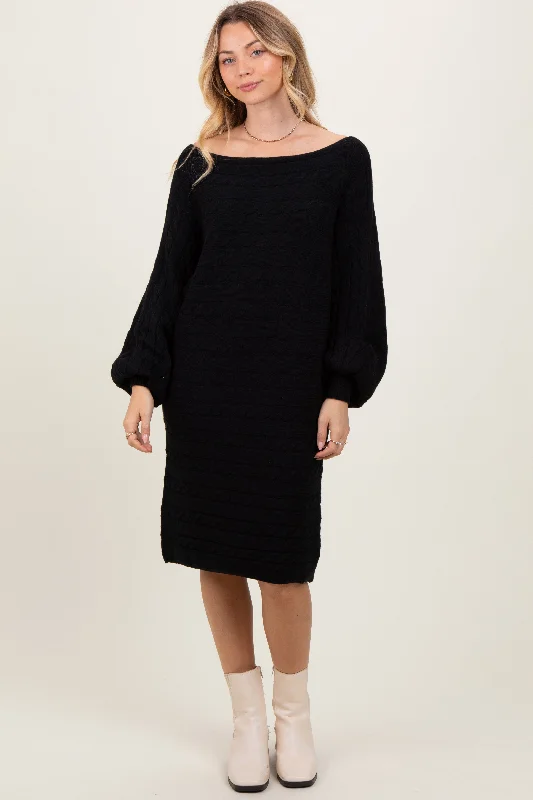 Limited Edition Knit TopsBlack Cable Knit Dolman Sleeve Sweater Mini Dress