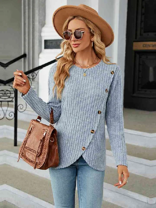 Hip-Hop Knit TopsRound Neck Ribbed Button Detail Blouse