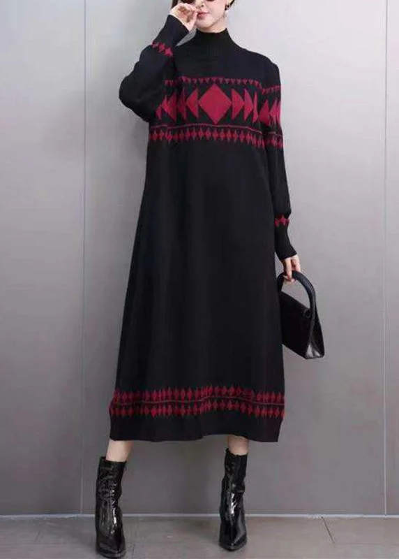 Cultural Knit TopsOrganic Black Turtleneck Cozy Cotton Knit Long Sweater Dress Winter